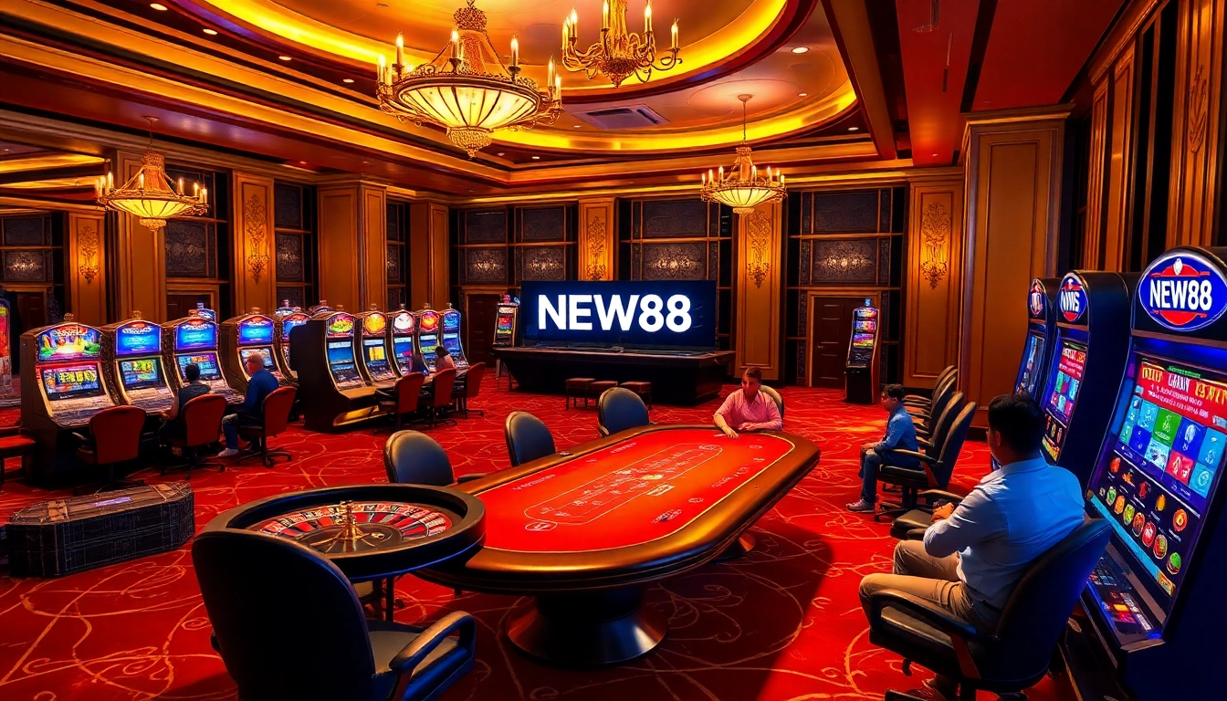 Engaging poker game scene at NEW88 casino, showcasing players and luxury surroundings.