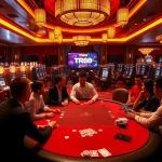 Players celebrating wins at a TR88 poker table in a luxurious casino atmosphere.