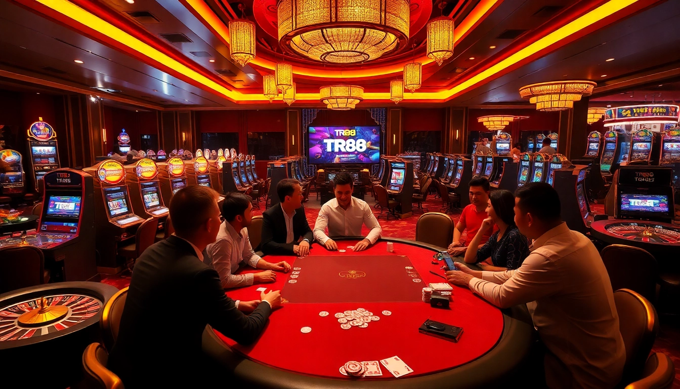 Players celebrating wins at a TR88 poker table in a luxurious casino atmosphere.