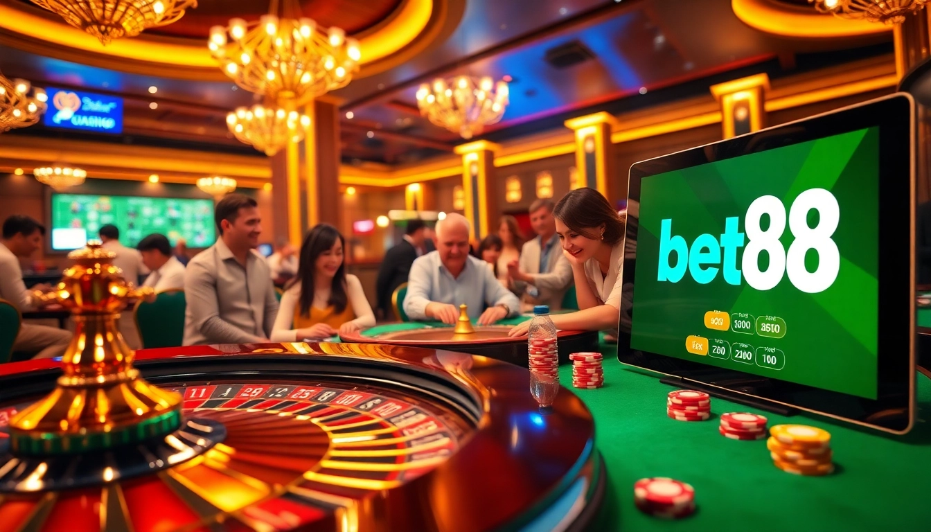 Experience Bet88 đăng nhập with an exciting casino scene showcasing gaming excitement and luxury.