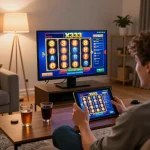 Enjoy exciting gameplay on x333 as a player spins vibrant slot reels on a cozy tablet setup.