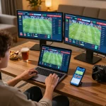 Experience interactive sports betting with 559X through multiple screens showcasing live games and odds in a cozy setup.