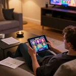 Player enjoys a relaxing gaming experience on rikvip while using a tablet to spin slots.