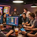 Group enjoying NK88 online gaming experience with diverse activities and vibrant atmosphere.