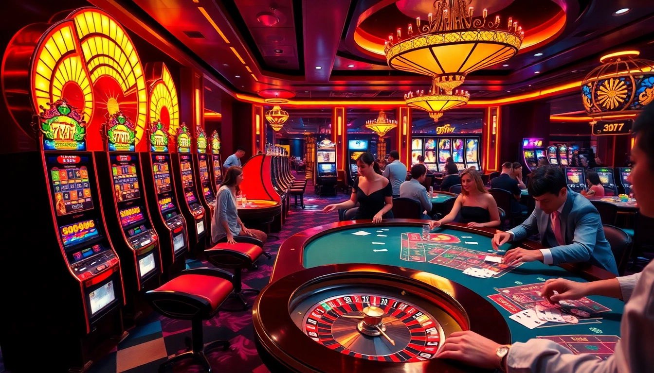 Players celebrating wins at 777vip casino with vibrant slot machines and elegant tables.