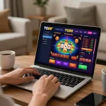 Player engaging with TG88 online casino platform in a cozy home setting, showcasing responsible gambling.