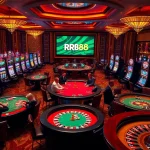 Exciting RR88 casino experience featuring vibrant poker tables and colorful slot machines.