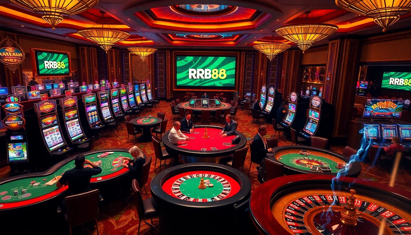 Exciting RR88 casino experience featuring vibrant poker tables and colorful slot machines.