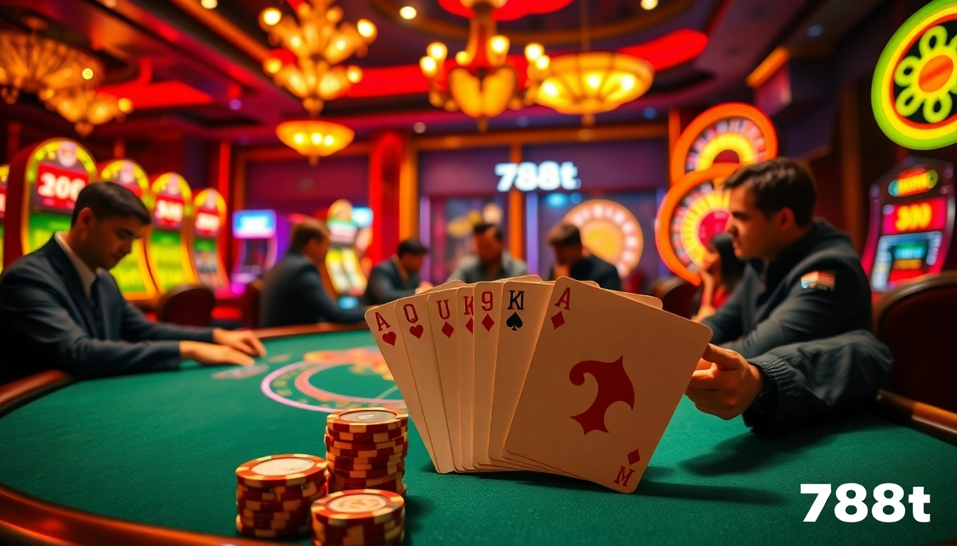 Players engaging in a high-stakes poker game at 788t casino, showcasing excitement and strategy.