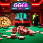 Excitement at GG88's gaming table with poker chips and cards in a vibrant casino atmosphere.