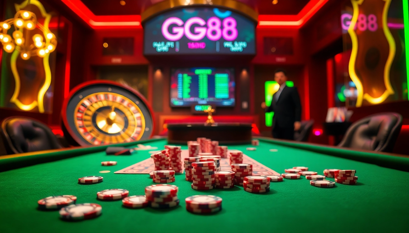 Excitement at GG88's gaming table with poker chips and cards in a vibrant casino atmosphere.