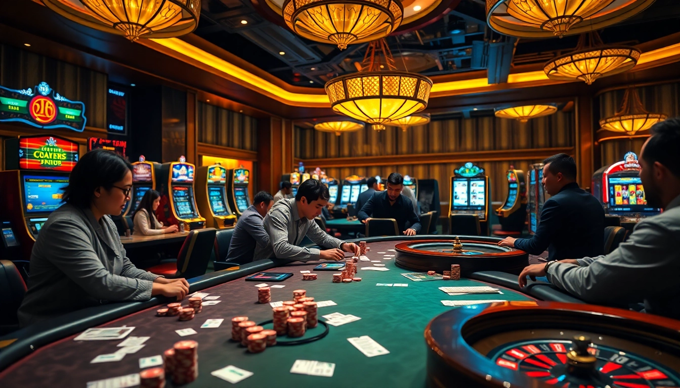 Engaged players strategizing bets at KEONHACAI poker tables in a luxurious casino setting.