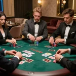 Players strategizing at a blackjack table in the luxurious 40WIN casino.