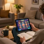 Engaging user plays the TR88 casino app showcasing vibrant slot graphics at home, promoting responsible gaming.