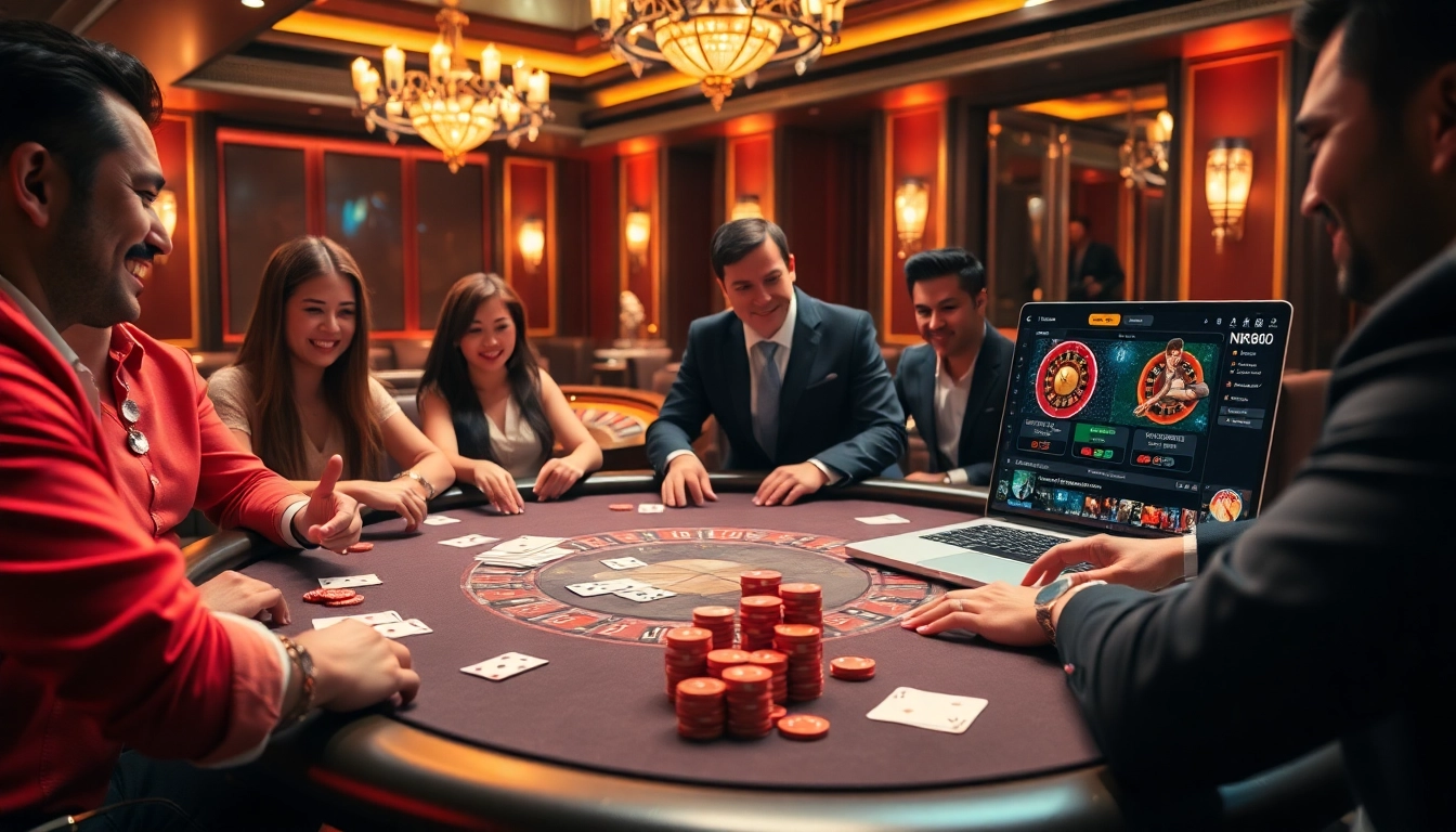 Engaging players enjoy poker and slots at NK88 in a luxury casino setting.