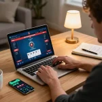 U888 player engaging in poker strategies during an online game session with laptop interface