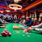 Players at a vibrant poker table showcasing 7m chips in a thrilling casino atmosphere