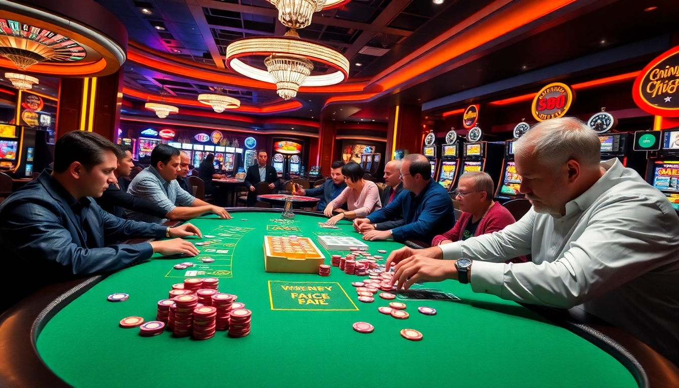 Players at a vibrant poker table showcasing 7m chips in a thrilling casino atmosphere