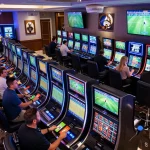 Excited patrons betting on live sports at 22ff.br.com in a modern casino.