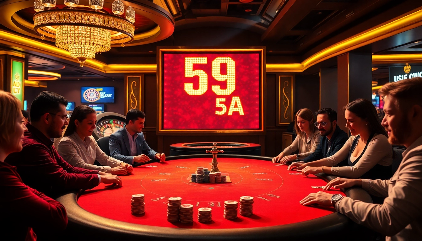 Jogadores aproveitando uma partida de pôquer de altas apostas em um cassino luxuoso, destacando a empolgação em torno da 59A.