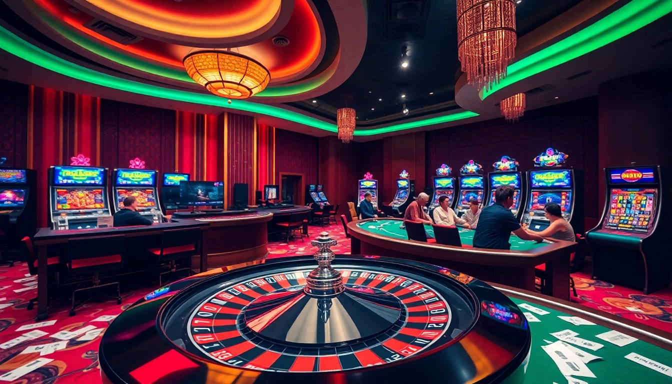 Winning at RR88: A lively casino scene with roulette, poker, and slot machines.