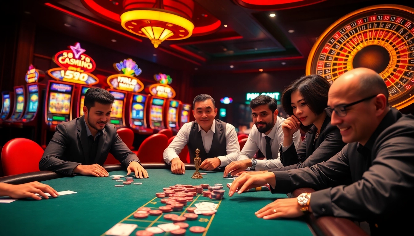 Experience the thrill at 58WIN with players enjoying intense poker games and vibrant slot machines.
