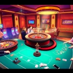 Exciting casino atmosphere featuring u888, with vibrant roulette table and colorful poker chips.