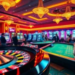Experience the excitement of gambling at 399w with a vibrant casino scene featuring roulette, poker, and bright slot machines.