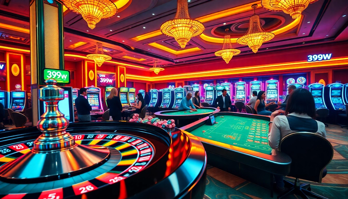 Experience the excitement of gambling at 399w with a vibrant casino scene featuring roulette, poker, and bright slot machines.