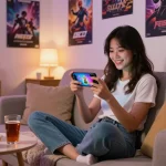 Enjoying a mobile porn game in a cozy living room with snacks and warm lighting.