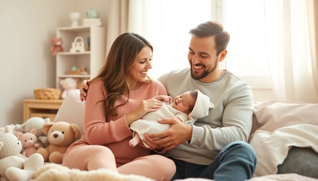 Family with newborn baby enjoying quality time together in a cozy home environment.