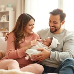 Family with newborn baby enjoying quality time together in a cozy home environment.