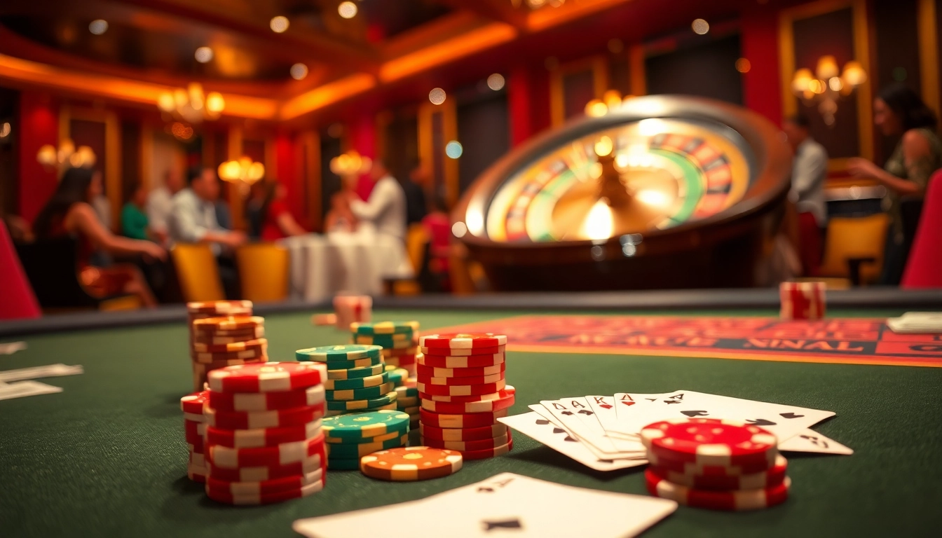 Experience the thrill of NK88 casino gaming with vibrant poker chips and a spinning roulette wheel.