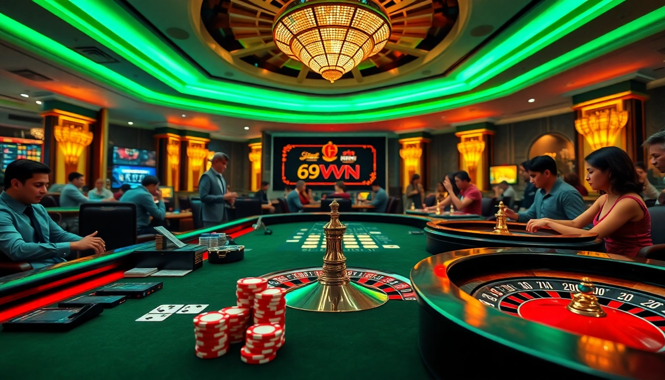 Engaging players at an elegant 69VN online casino table, showcasing thrilling gaming excitement.