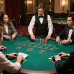 33CC players strategizing at an upscale blackjack table in a vibrant casino atmosphere.