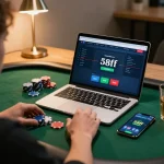 Player enjoying poker on 58ff online platform with laptop and smartphone in a cozy setup