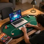 Engaging online poker scene at home featuring 45678 com game interface and strategic notes.
