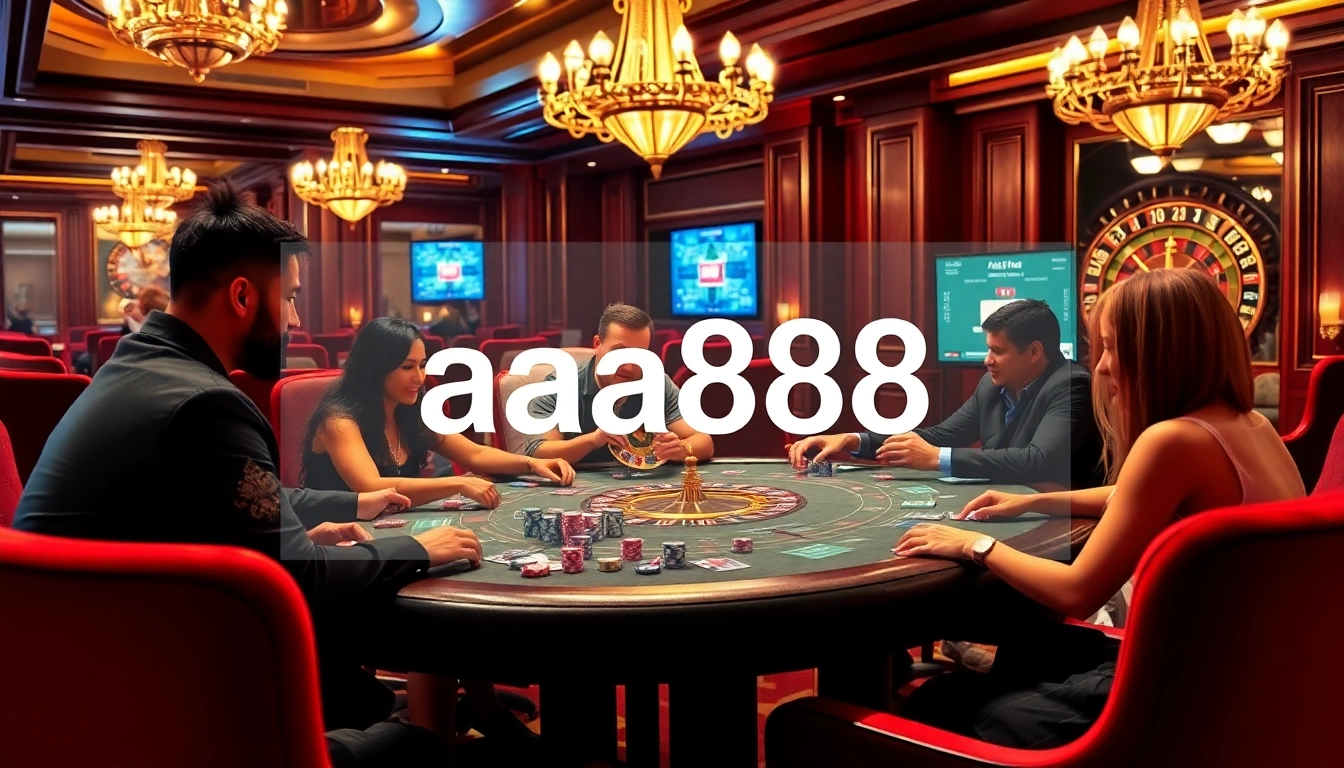 Um grupo diversificado de jogadores desfruta de pôquer de altas apostas em uma mesa de cassino de luxo, destacando a palavra-chave aa888.