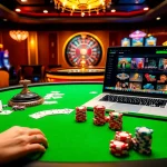 Jogadores de K997 curtindo um emocionante jogo de pôquer em uma mesa de cassino luxuosa.