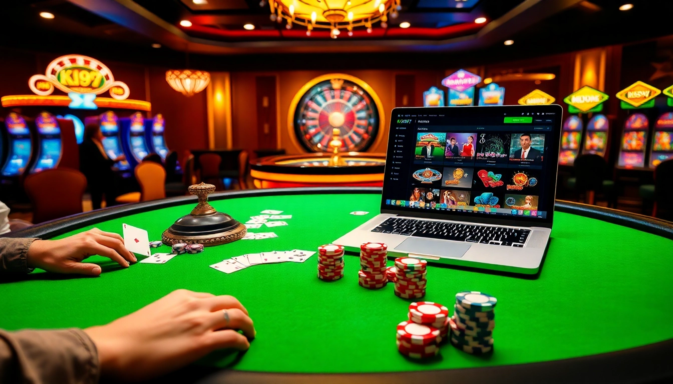 Jogadores de K997 curtindo um emocionante jogo de pôquer em uma mesa de cassino luxuosa.