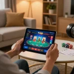 Engaged player enjoying TV88 poker game on tablet in cozy living room setting.