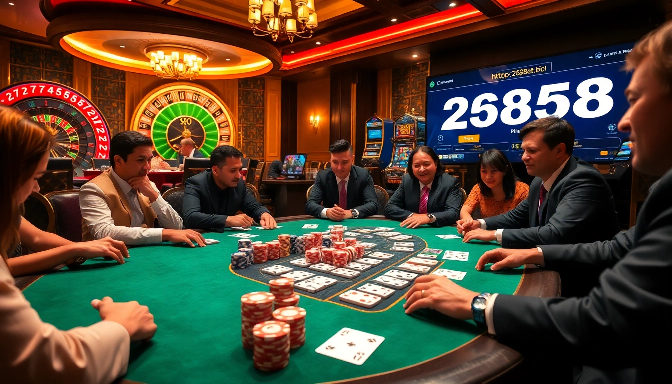Engaging poker game at a prestigious casino featuring poker chips, cards, and an online interface https://258bet.bio/ for ultimate excitement.
