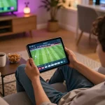 Socolive user engaging with online football streaming on tablet in cozy home setup