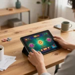 Engaging player enjoying 789win com live dealer games in a stylish home office, creating a cozy gambling atmosphere.