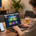 Engaging scene of a player using LUCKY88 online casino on a laptop, showcasing a strategic approach to gaming.