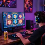 Engaged gamer exploring 887bet's vibrant online casino, showcasing a thrilling virtual gaming experience.