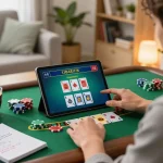 lc88 player engaged in an online blackjack game on tablet, showcasing strategic betting and cozy home atmosphere