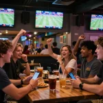 Fans enthusiastically placing bets at 789win while watching live sports on screens in a vibrant atmosphere.