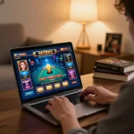Engaged player enjoying oxbet online casino game on laptop in cozy home setting.