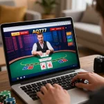 Uma pessoa jogando blackjack online na AQ777 a partir de um ambiente aconchegante em casa.